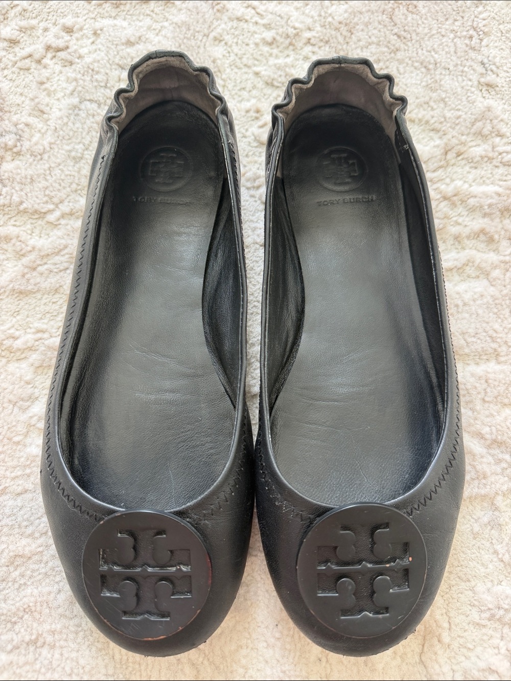 Tory Burch Black Leather Logo Round-Toe Ballet Flats